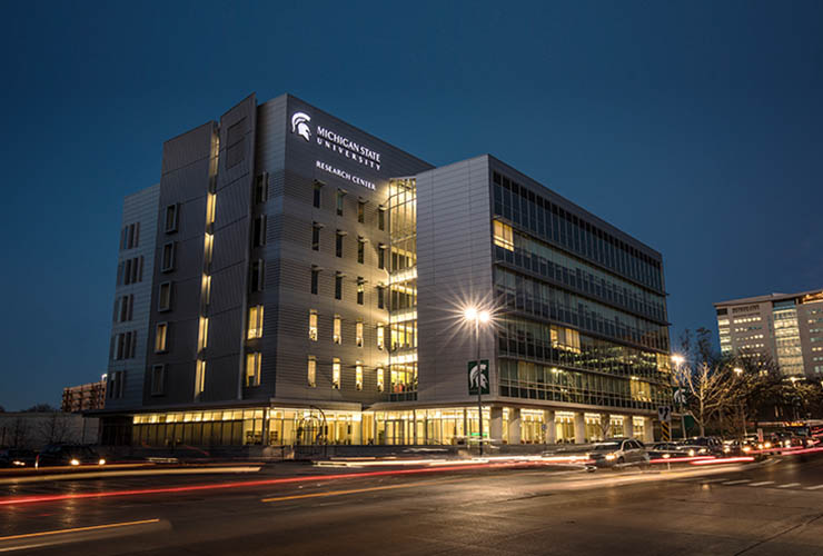 View of the Grand Rapids Research Center at night.